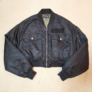 Current Mood Dolls Kill Black Think Fast Cropped Bomber Jacket
